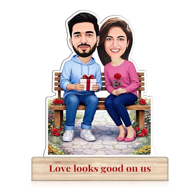 Personalized Couple Caricature Stand | Custom Face & Text Table Top Photo Frame | 6x8 Inch Wooden Base | Romantic Gift for Couple, Anniversary, Valentine’s Day & Wedding
