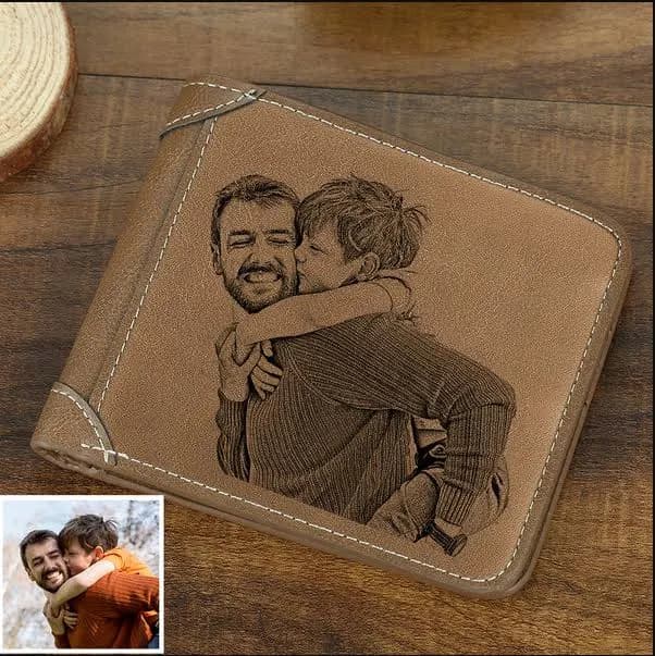 Men's Custom Photo Engraved Wallet Brown Leather Gift 