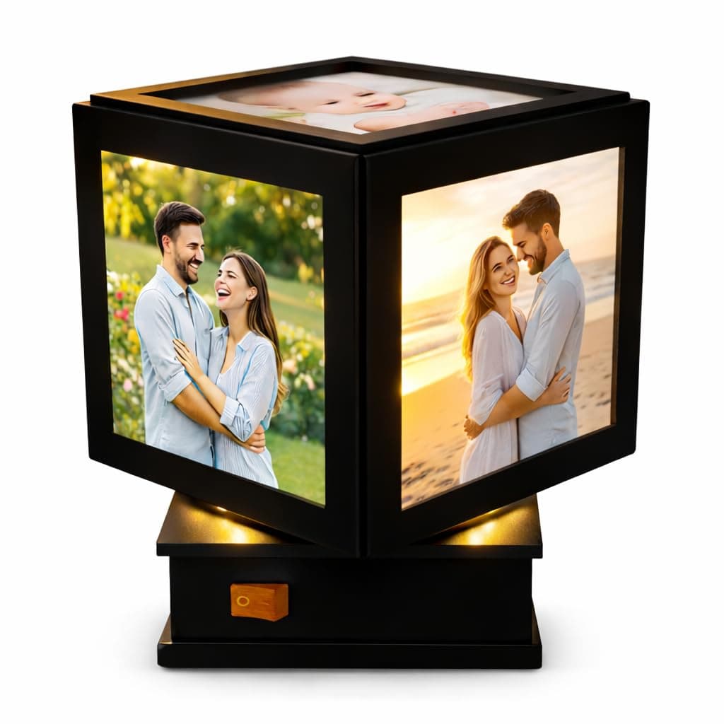 Personalized 360° Rotating LED Photo Light Frame | Custom Photo Tabletop Night Lamp | Black Plastic | 4 x 4 Inch | Birthday Gift