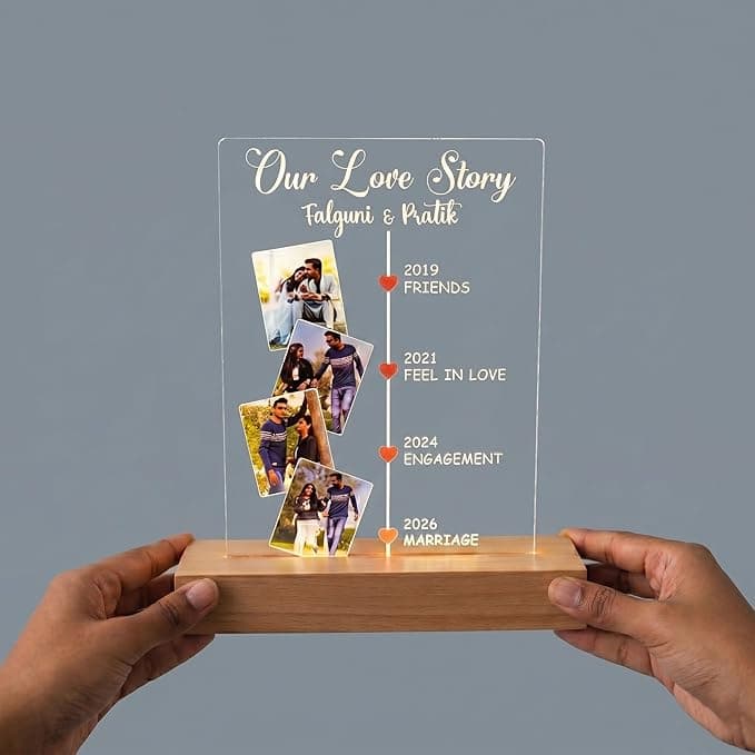 Innovative Gifts Personalized LED Photo Frame | Customized Acrylic Lamp with Warm Light & Wooden Base | Unique Wedding, Anniversary & Birthday Gift for Couples, Husband & Wife (Our Love Story