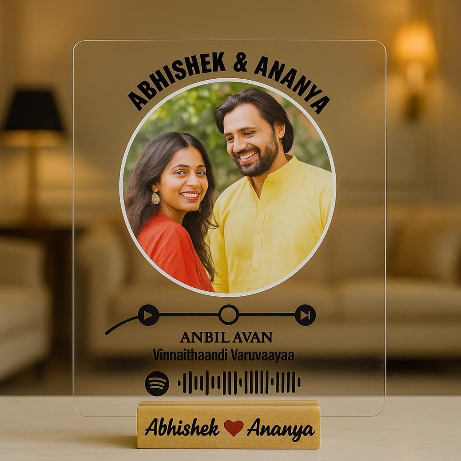 Acrylic Customized Photo, Text and Song Spotify Plaque | Personalized Photo Music Frame with scannable code with Stand (RoundClear)